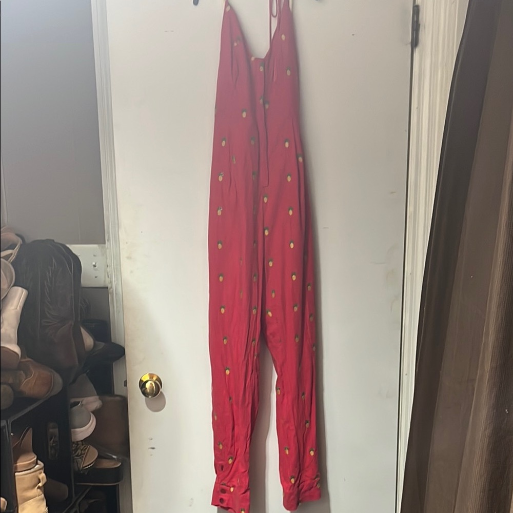 FARM Rio Red and Yellow Jumpsuit with V-Neck and Metallic Details